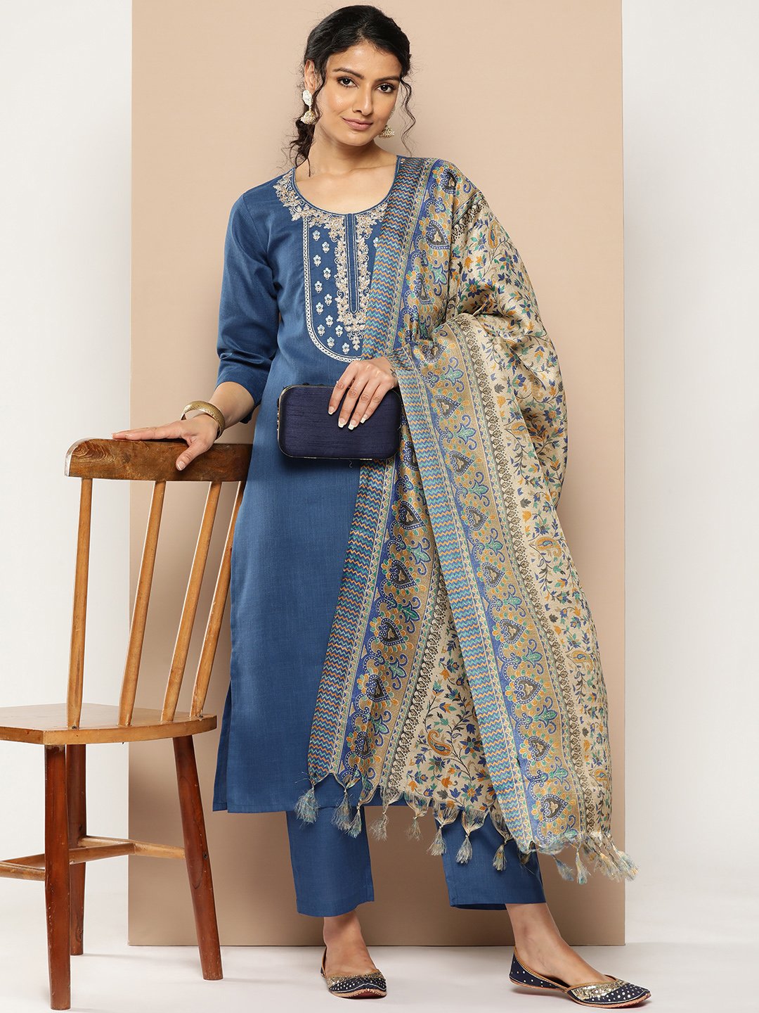 Women Embroidered Yoke Straight Kurta Paired With Tonal Bottom And Printed Bhagalpuri Dupatta