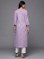 Lavender Bandhani Print Embroidered Kurta Has Round Neck