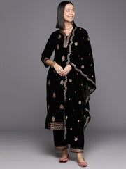 Women Black Placement Design Embroidered Kurta Paired With Tonal Embroidered Bottom And Dupatta