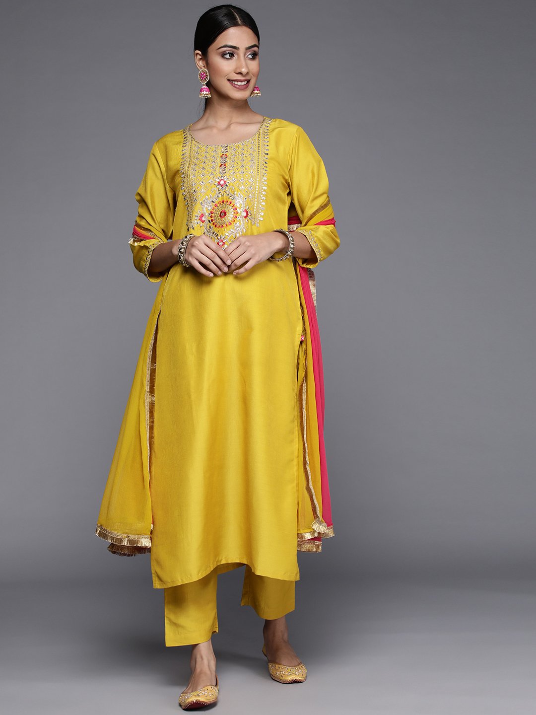 Yellow Embroidered Yoke Kurta With Straight Pant And Ombre Shade Chiffon Dupatta