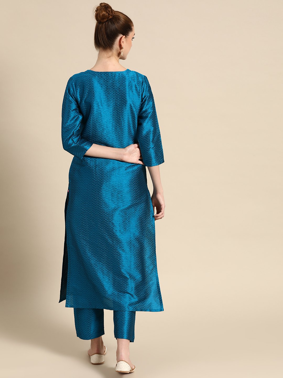 Blue And Gold Zari And Sequins Embroidery Kurta With Overall Elasticated Trouser