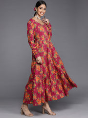 Pink Floral Printed Anarkali With Dupatta