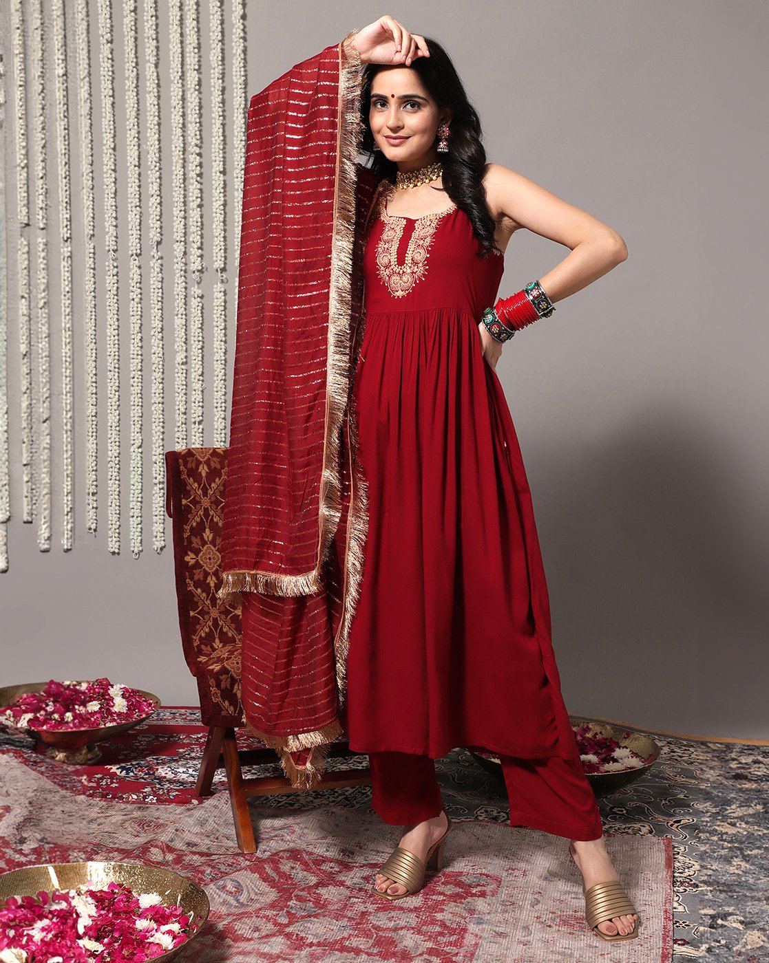 Maroon Embroidere Strap Style Kurta With Tonal Bottom And Pant