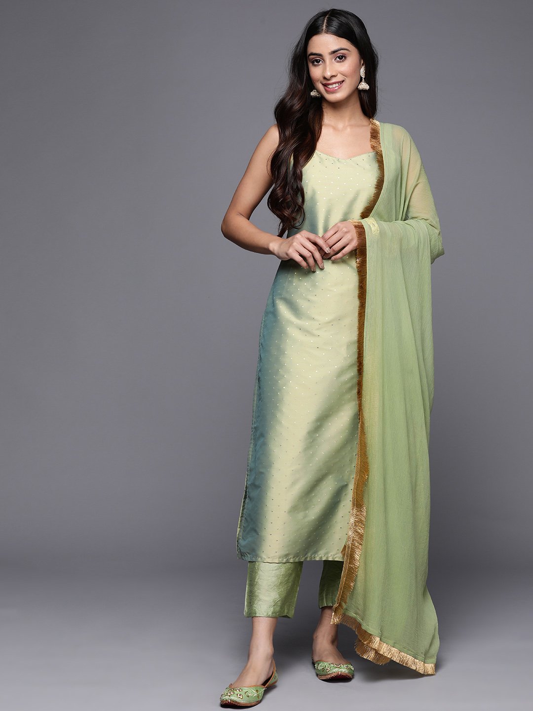 Green Spaghetti Strap Straight Kurta With Tonal Bottom And Tonal Dupatta