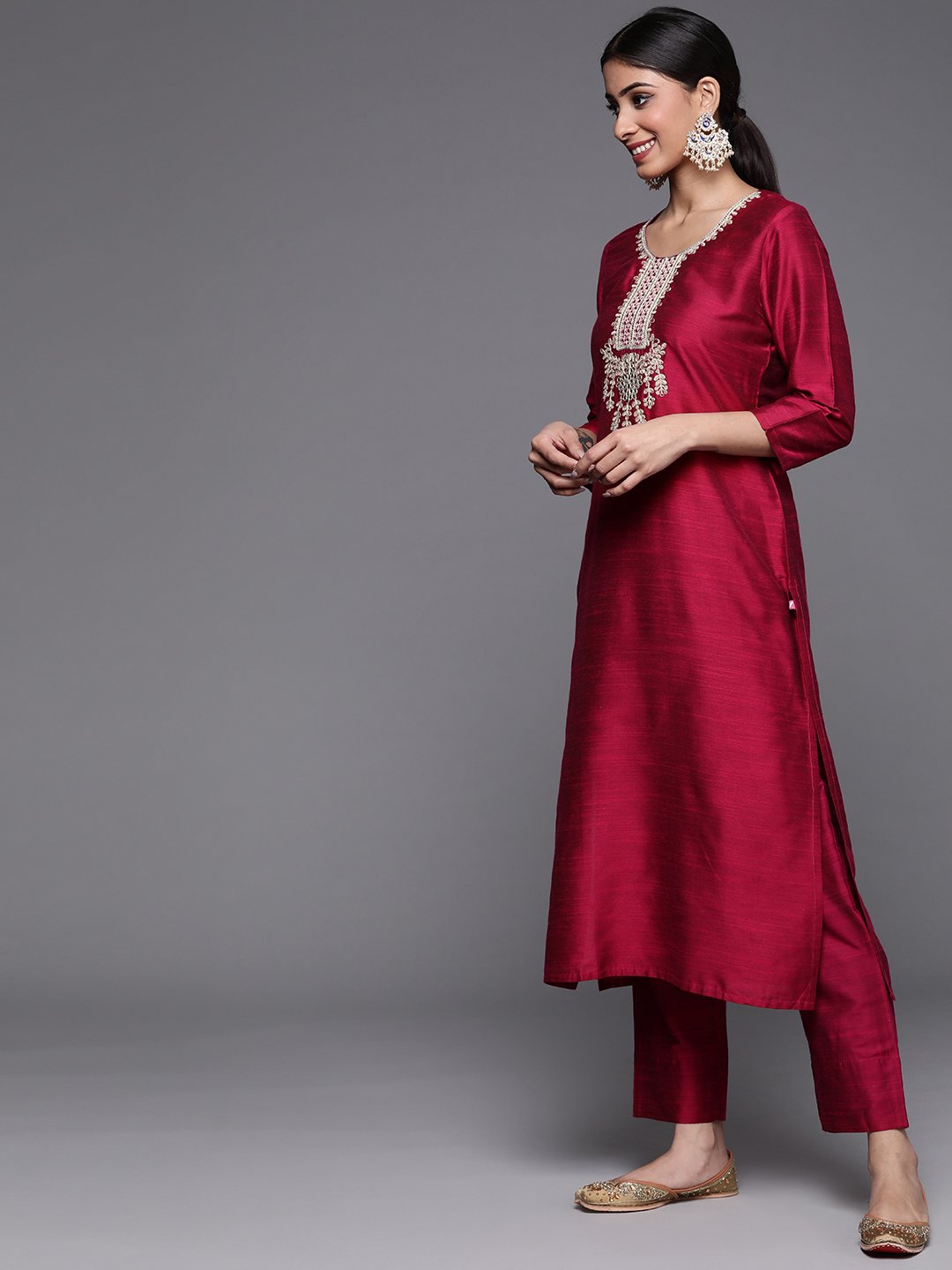 Women Magenta Pink Embroidered Kurta With Trousers And Dupatta