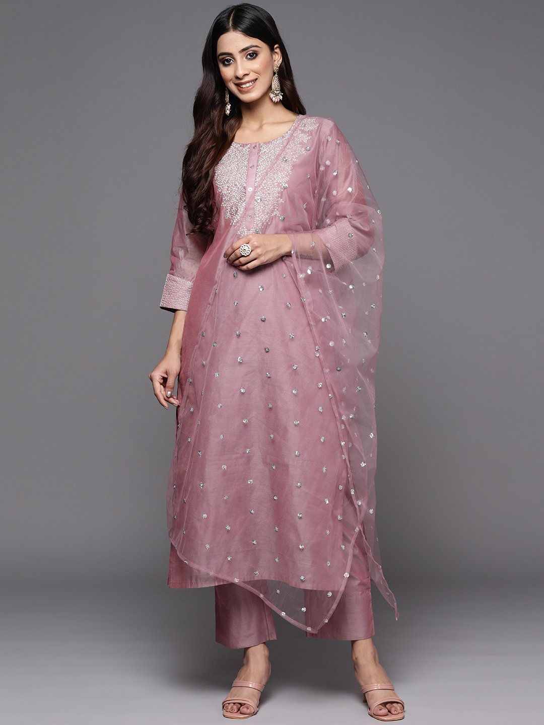 Women Mauve Floral Embroidered Regular Chanderi Silk Kurta With Trousers & With Dupatta