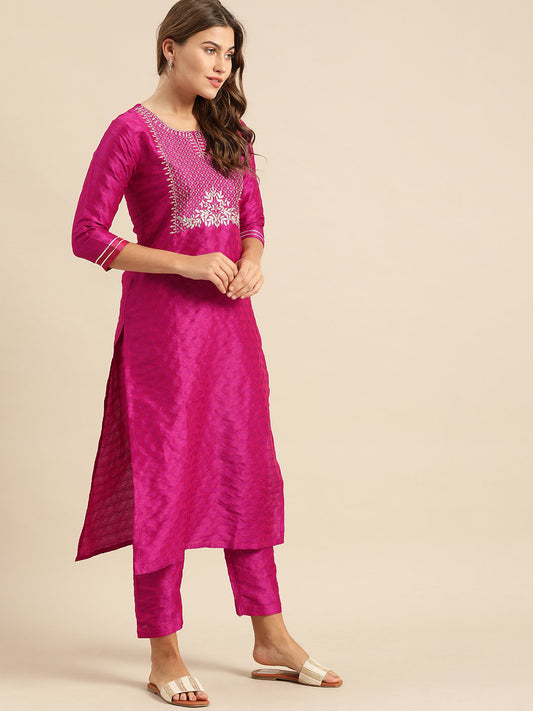 Magenta Zari And Gota Patti Embroidery Kurta With Trouser With Multi Color Silk Dupatta.