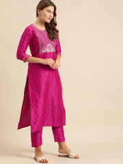 Magenta Zari And Gota Patti Embroidery Kurta With Trouser With Multi Color Silk Dupatta.