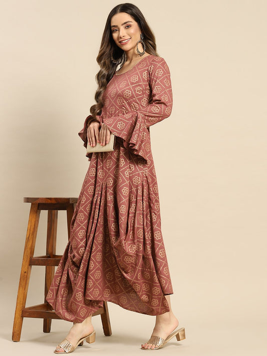 Bell Sleeve printed Long dress with front drape