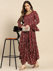 Bell Sleeve printed Long dress with front drape