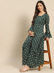 Bell Sleeve printed Long dress with front drape