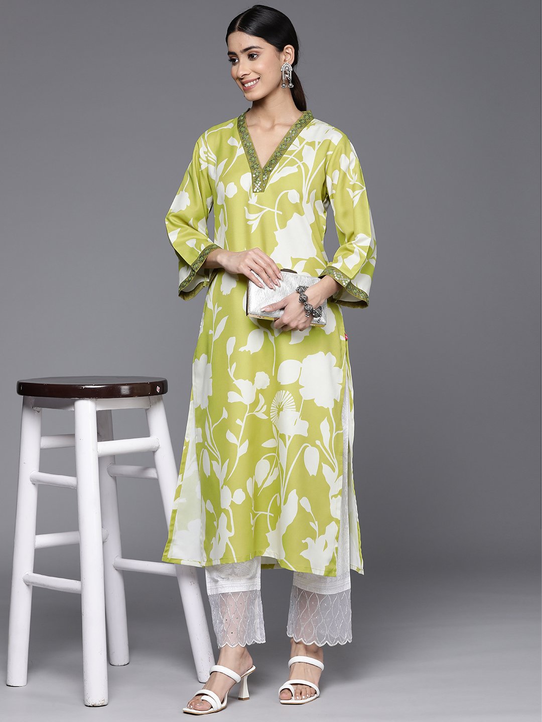 Women Lime Green Floral Printed Kurta With V-Neck And Three Quarter Bell Sleeves