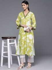 Varanga - Women Lime Green Floral Printed Kurta With V-Neck And Three Quarter Bell Sleeves