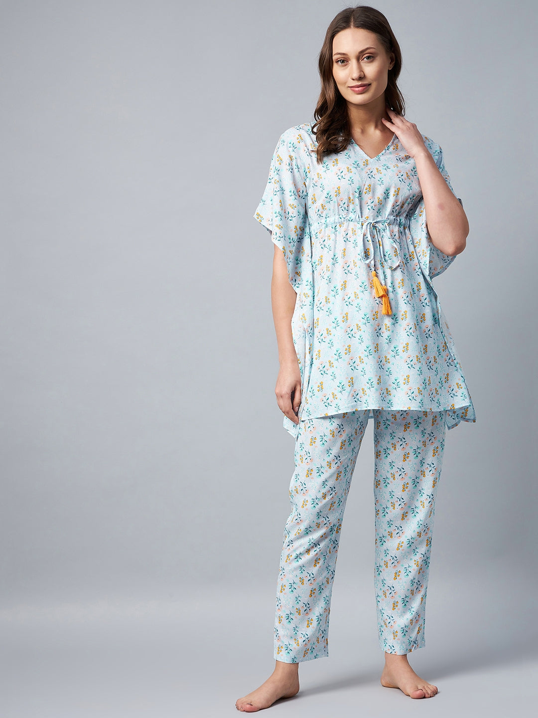 Women's Light Blue Floral Printed Kaftan Set