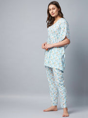 Women's Light Blue Floral Printed Kaftan Set