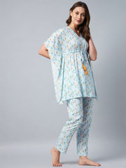 Women's Light Blue Floral Printed Kaftan Set