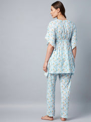 Women's Light Blue Floral Printed Kaftan Set