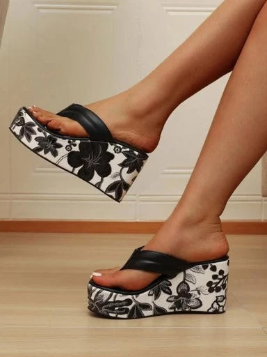 Floral printed heel detailed Black Wedges For Women & Girls