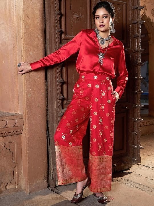 Women Satin Shirt With Self Design Brocade Palazzo