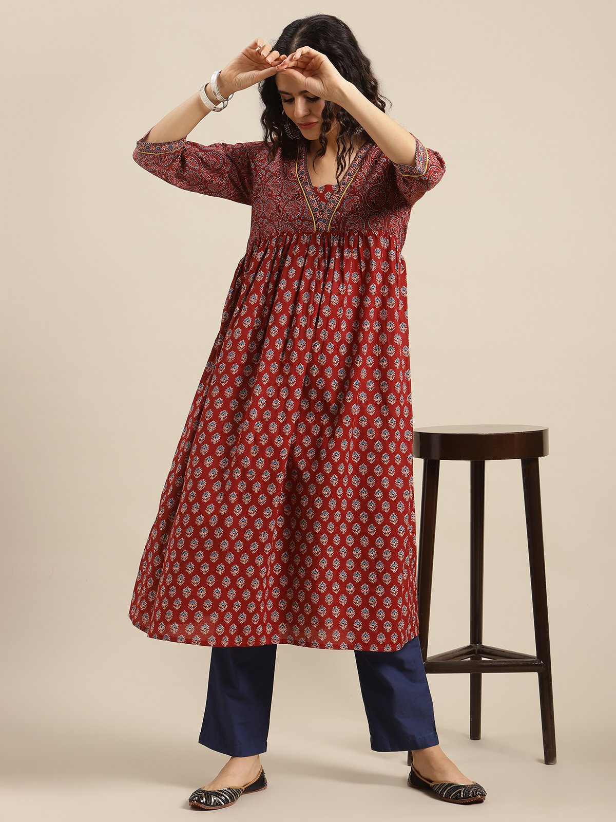 Women Maroon And Blue Bandez Printed Anarkali Kurta