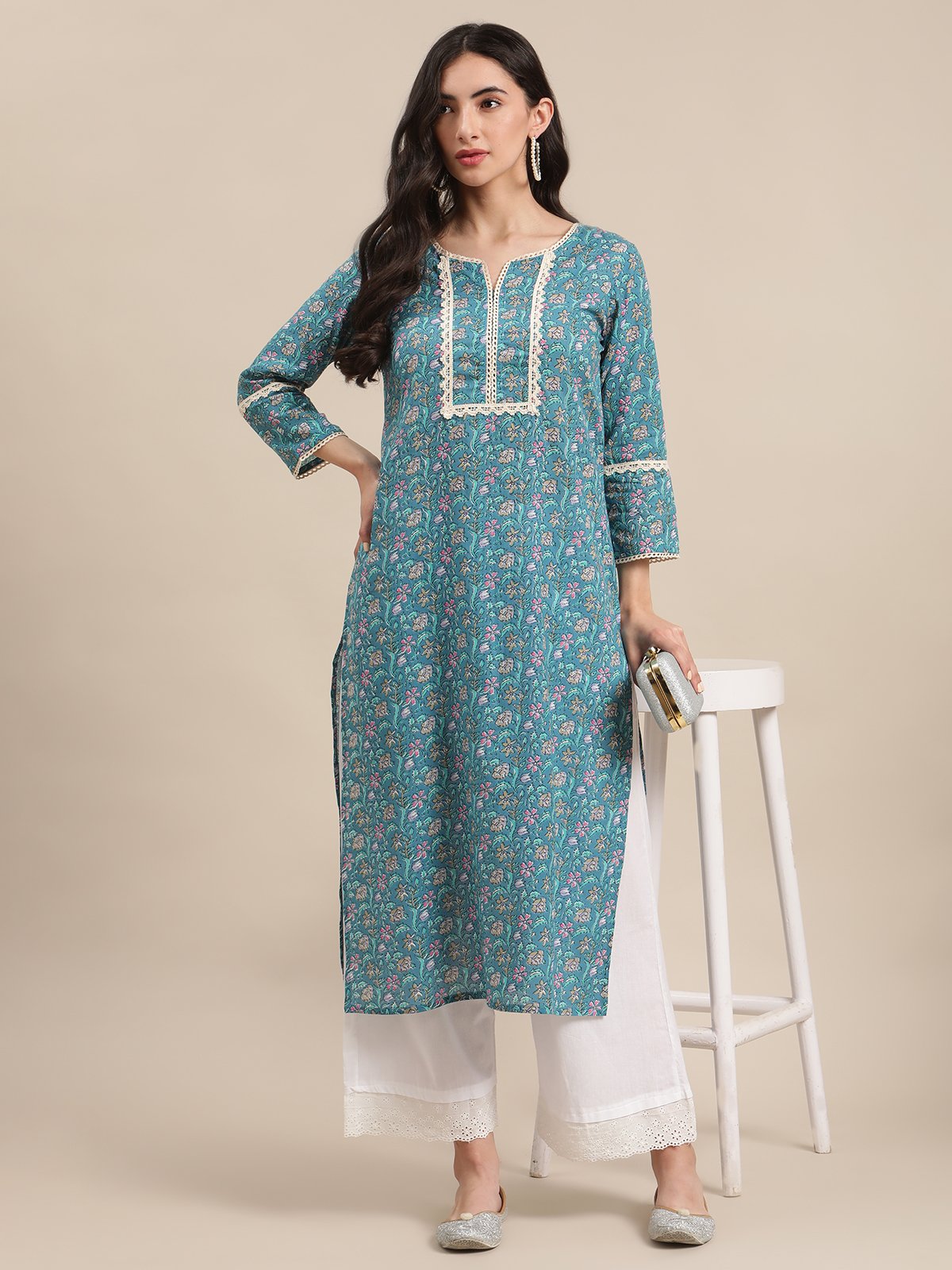 Blue Floral Printed Lace Embellished Kurta With 3/4Th Sleeves.