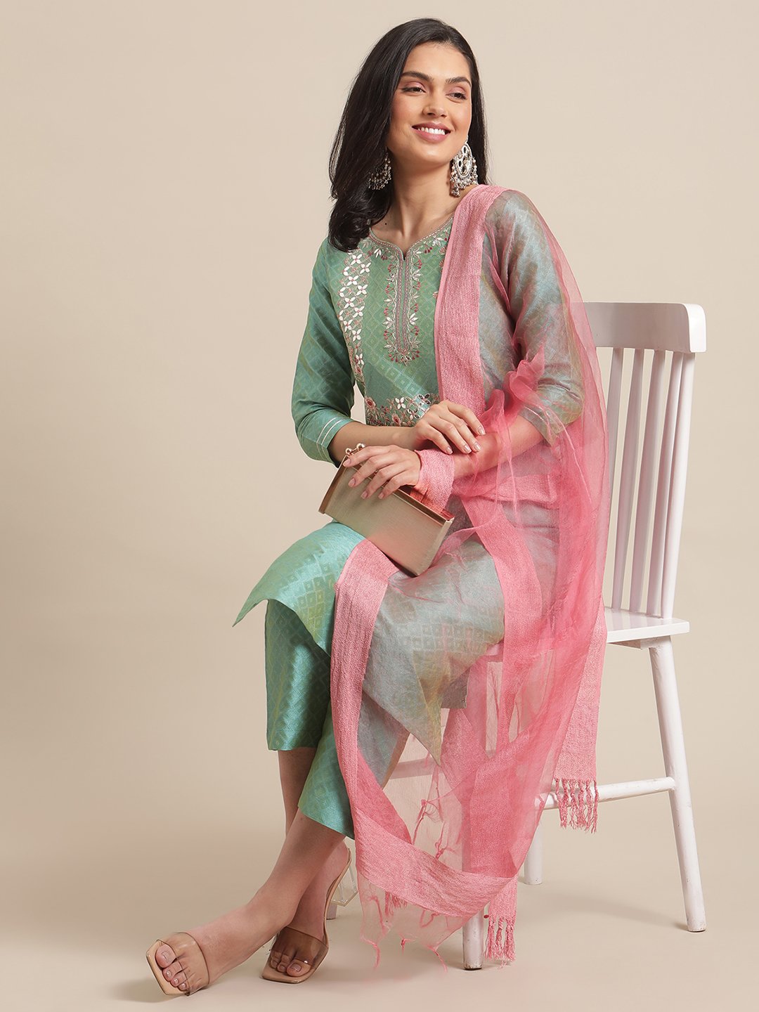 Sea Green Floral Embroidery Kurta Set With Bhaglpuri Silk Dupatta