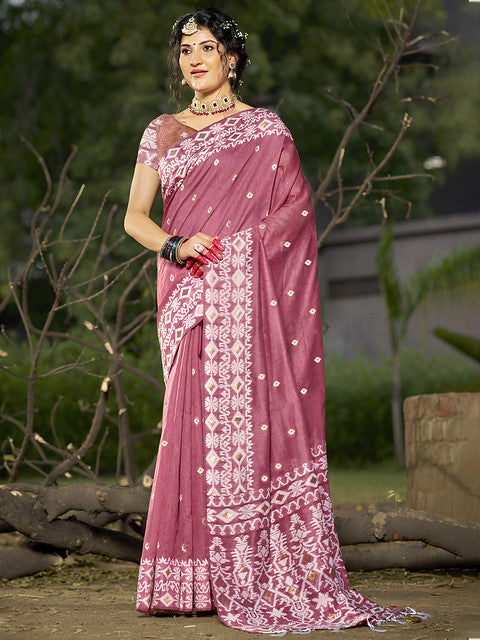 Linen Pink Silver Linen Cotton Saree