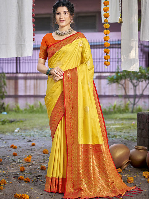 Silk Yellow Antique Silk Saree