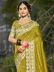 Linen Olive Green Silver Linen Cotton Saree