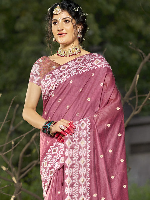 Linen Pink Silver Linen Cotton Saree