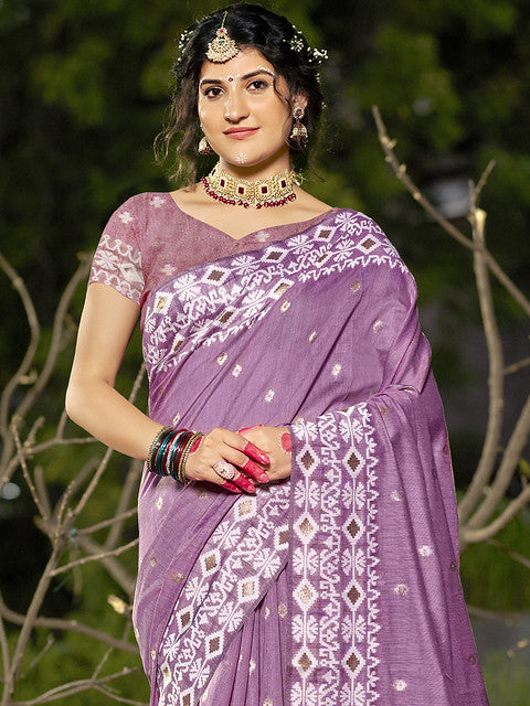 Linen Purple Silver Linen Cotton Saree