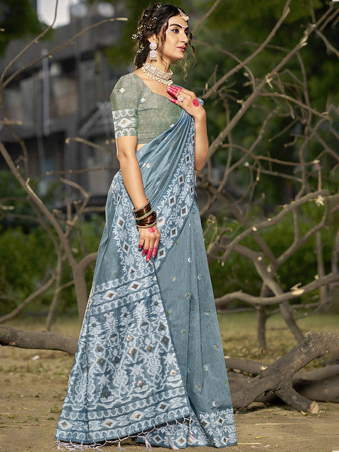 Linen Grey Silver Linen Cotton Saree