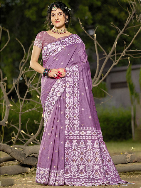 Linen Purple Silver Linen Cotton Saree