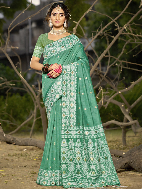 Linen Teal Green Silver Linen Cotton Saree