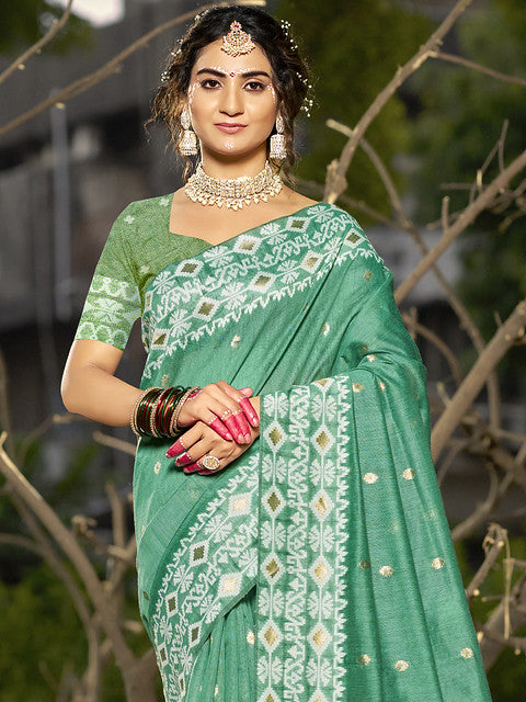 Linen Teal Green Silver Linen Cotton Saree