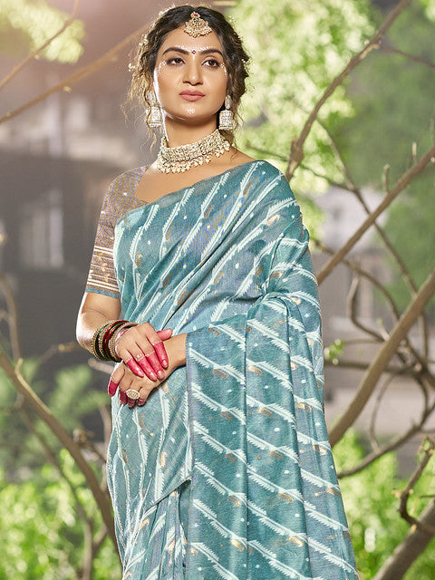 Linen Sky Blue Silver Linen Cotton Saree