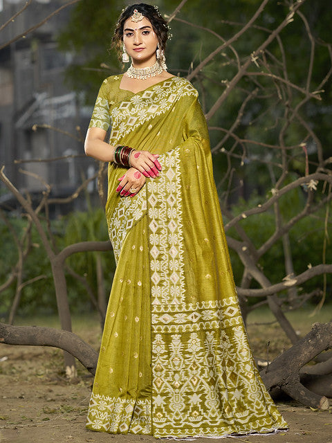 Linen Olive Green Silver Linen Cotton Saree