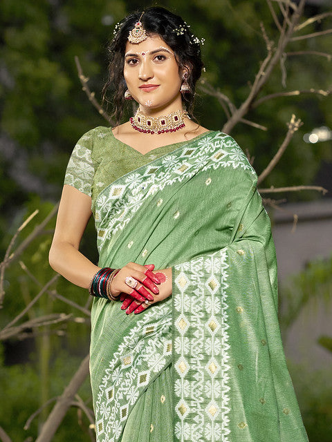 Linen Light Green Silver Linen Cotton Saree