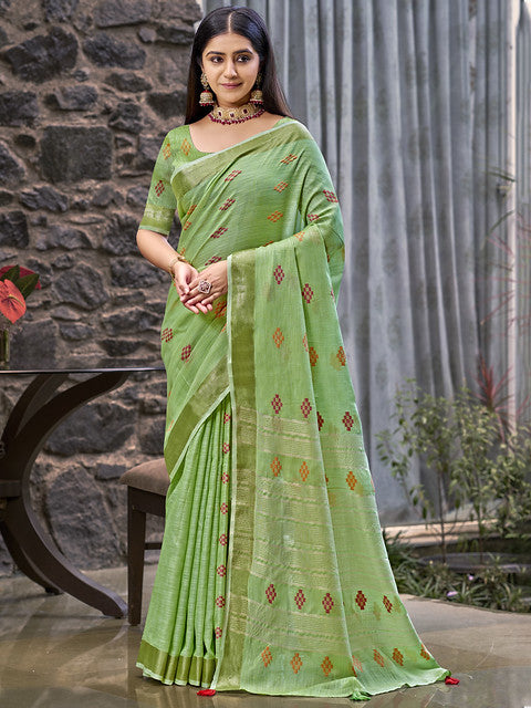 Linen Green Lilan Slub Saree