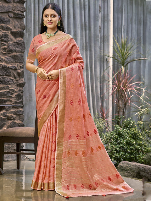 Linen Peach Lilan Slub Saree