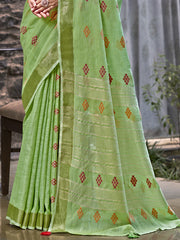 Linen Green Lilan Slub Saree