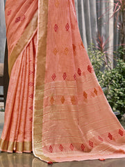 Linen Peach Lilan Slub Saree