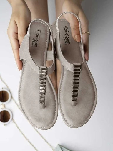 Womens & Girls Grey Embellished T-Strap Flats