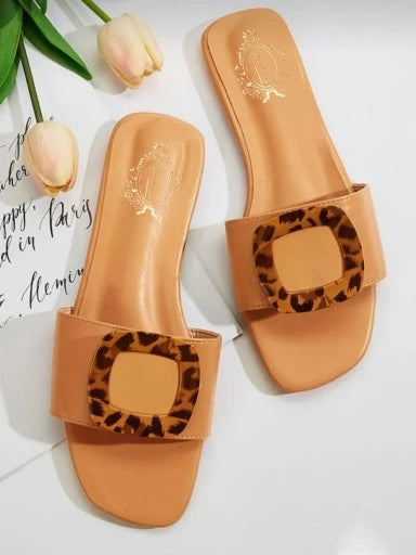 Elegant Buckle Detailed Tan Flats For Women & Girls