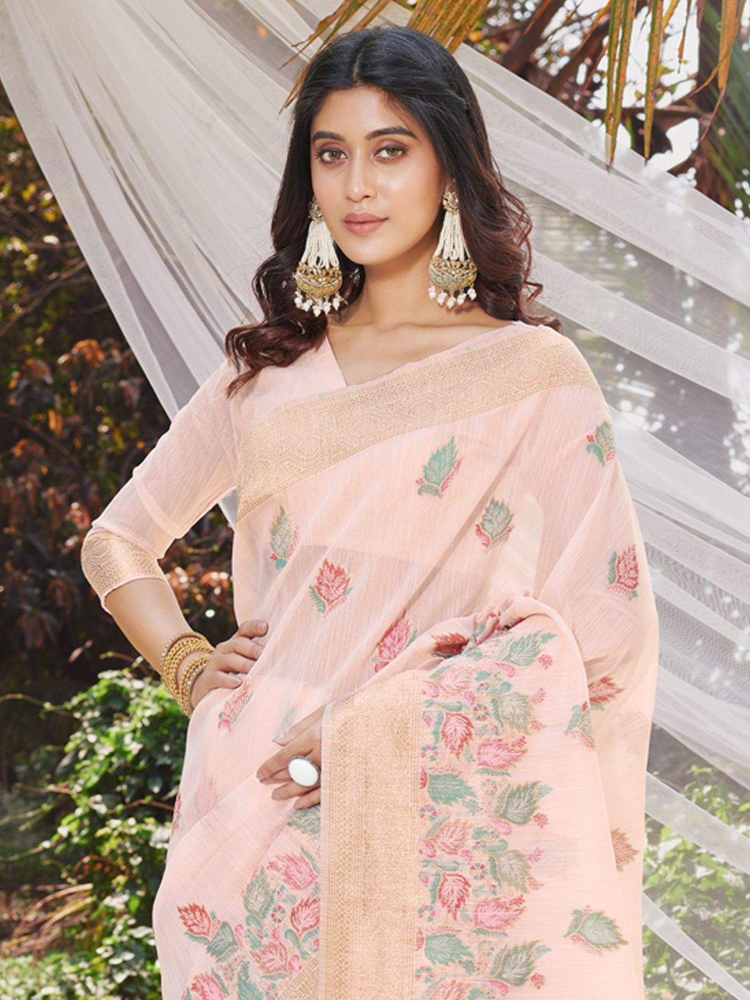 Light Pink Cotton Digital Print Traditional Tassels Saree