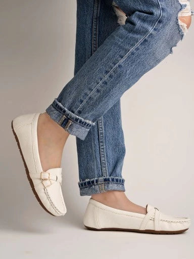 Side Buckle Detailed White Loafers For Women & Girls