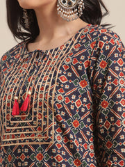 Kalini Women Blue And Beige Abstract Printed Kurta With Gota Work On Yoke And 3/4Th Sleeves