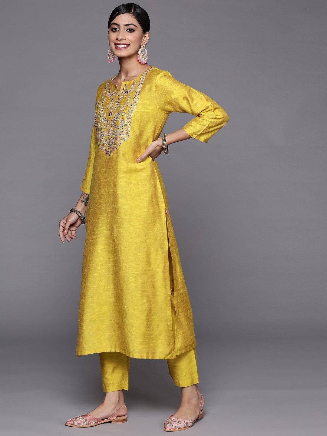 Yellow Embroidered Kurta With Tonal Bottam And Contrast Printed Dupatta