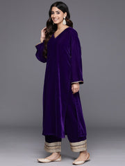 Women Purple Velvet Kurta With Flared Sleevespaired With Tonal Bottom And Contrast Dupatta With Four Sided Fringes