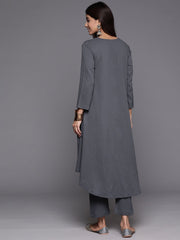 Women Grey Empire Gathered Details A-Line Kurta Paired With Tonal Bottom